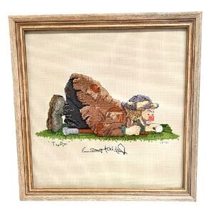 Emmit Kelly Jr. "The Putt" Vtg Custom Framed Cross-Stitch Picture Size 11" x 11"